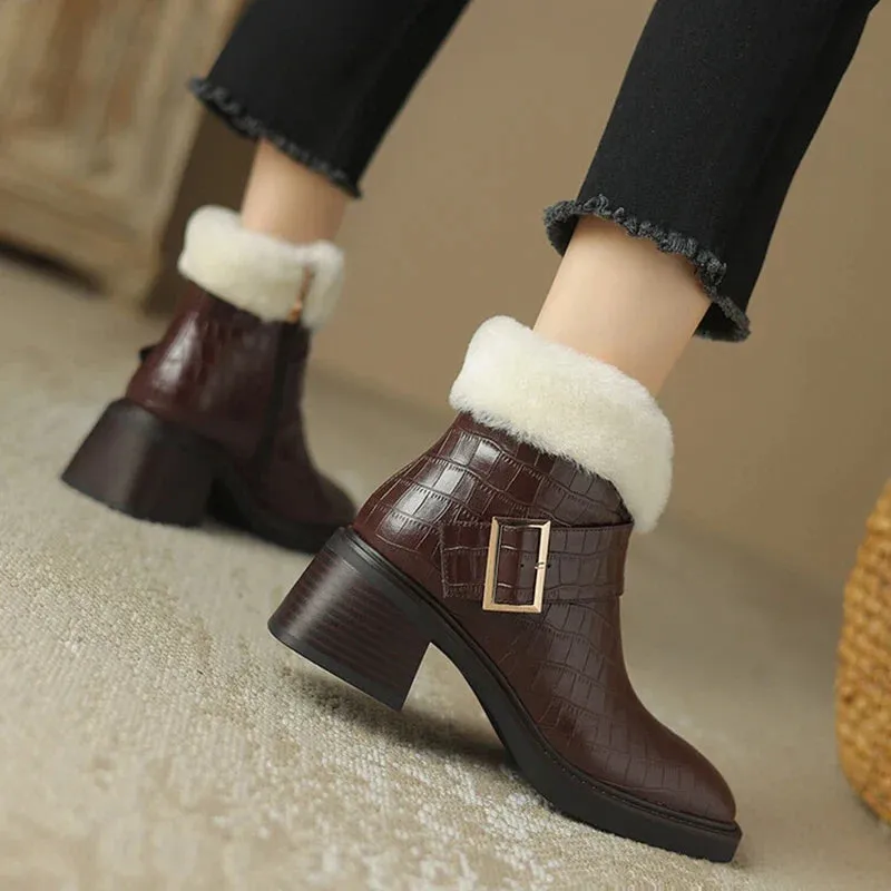 binfenxie NEW Winter Women Boots Round Toe Chunky Heel Ankle Boots Split Leather Shoes for Women Warm Wool Boots Women Platform Snow Boots