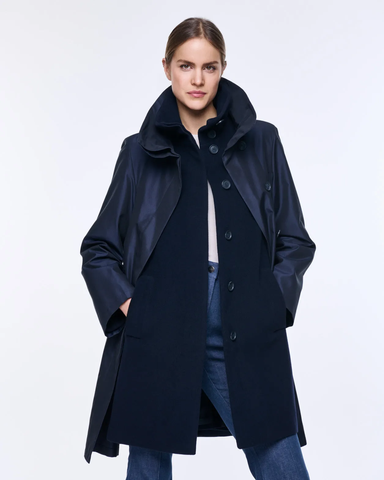 Layered Wool Coat with Removable Silk Layer