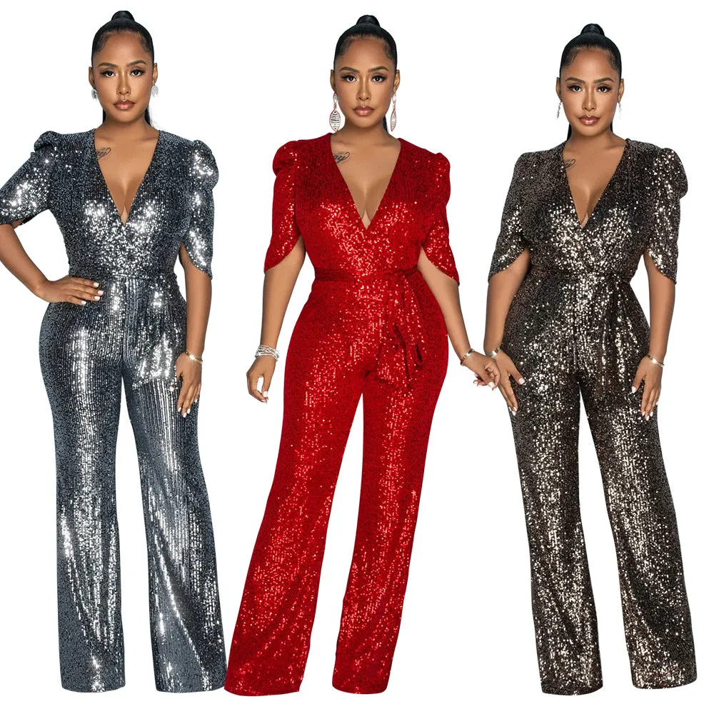MALYBGG Sexy Short Sleeve Sequin Party Jumpsuit 900991LY