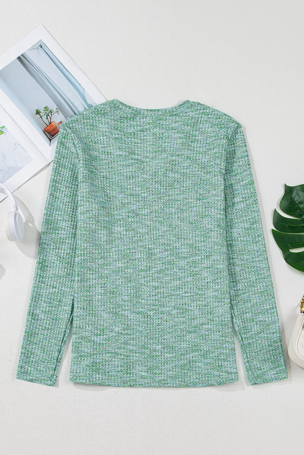 Moonlight Jade Button Long Sleeve V Neck Waffle Shirt