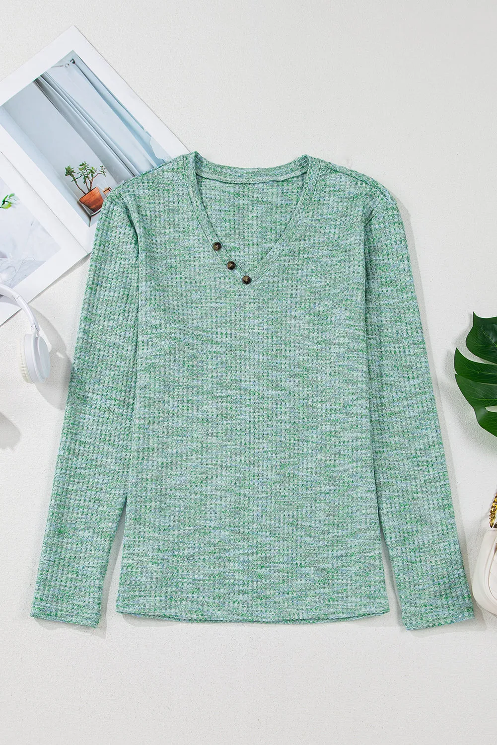 Moonlight Jade Button Long Sleeve V Neck Waffle Shirt