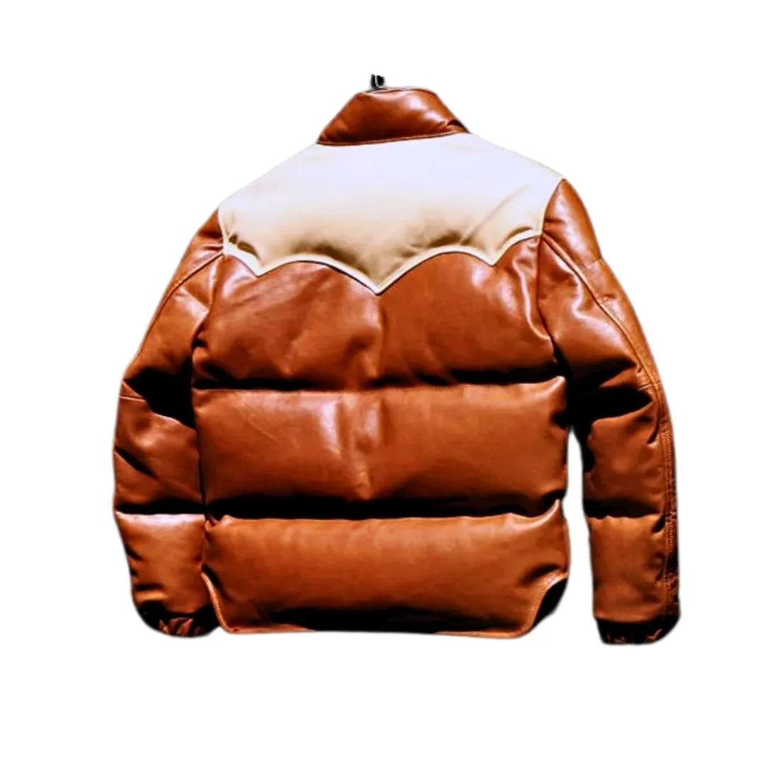 Puffer Style Leather Jacket For Men In Brown And Beige Color