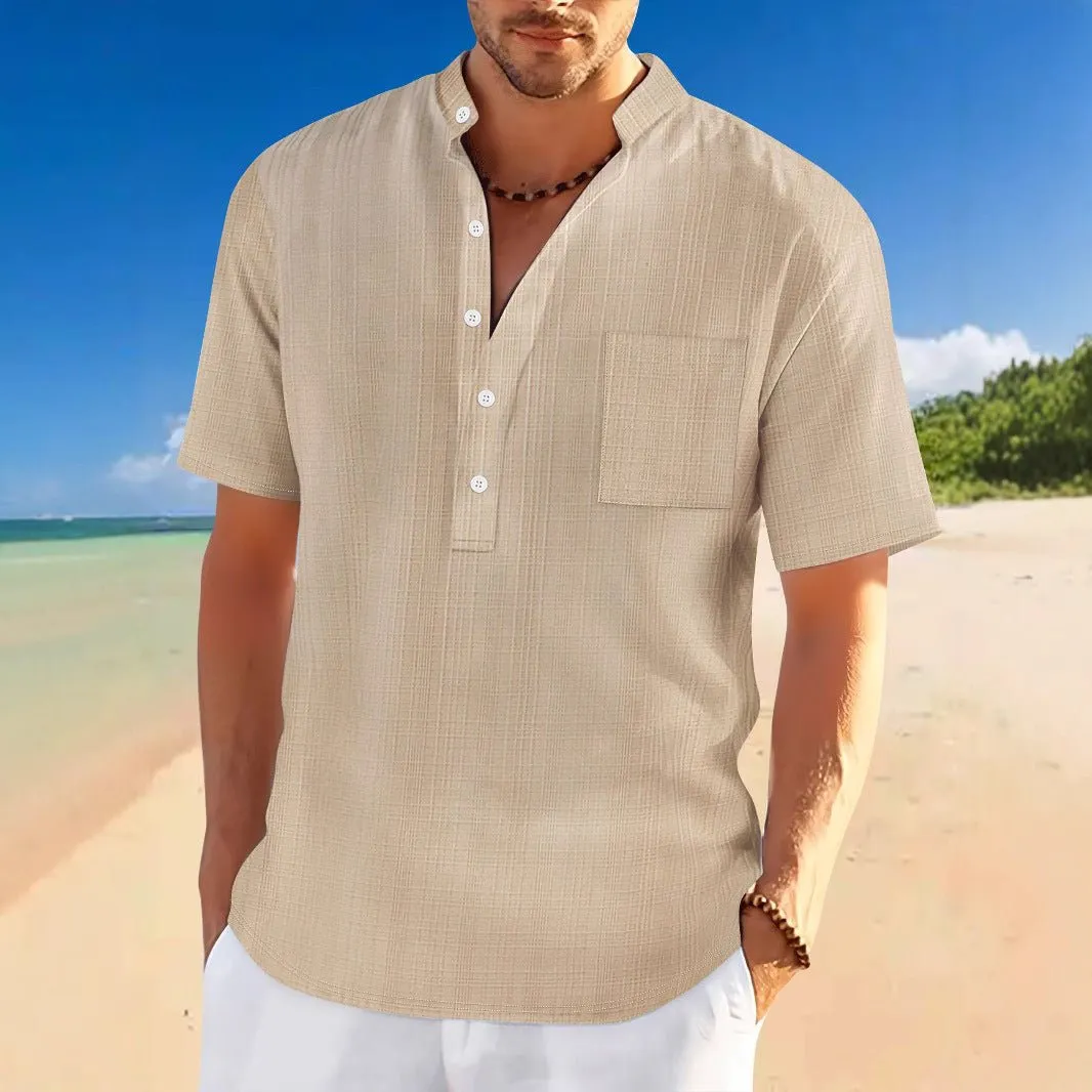 Stand Collar Short Sleeve Loose Leisure Vacation Henley Shirt