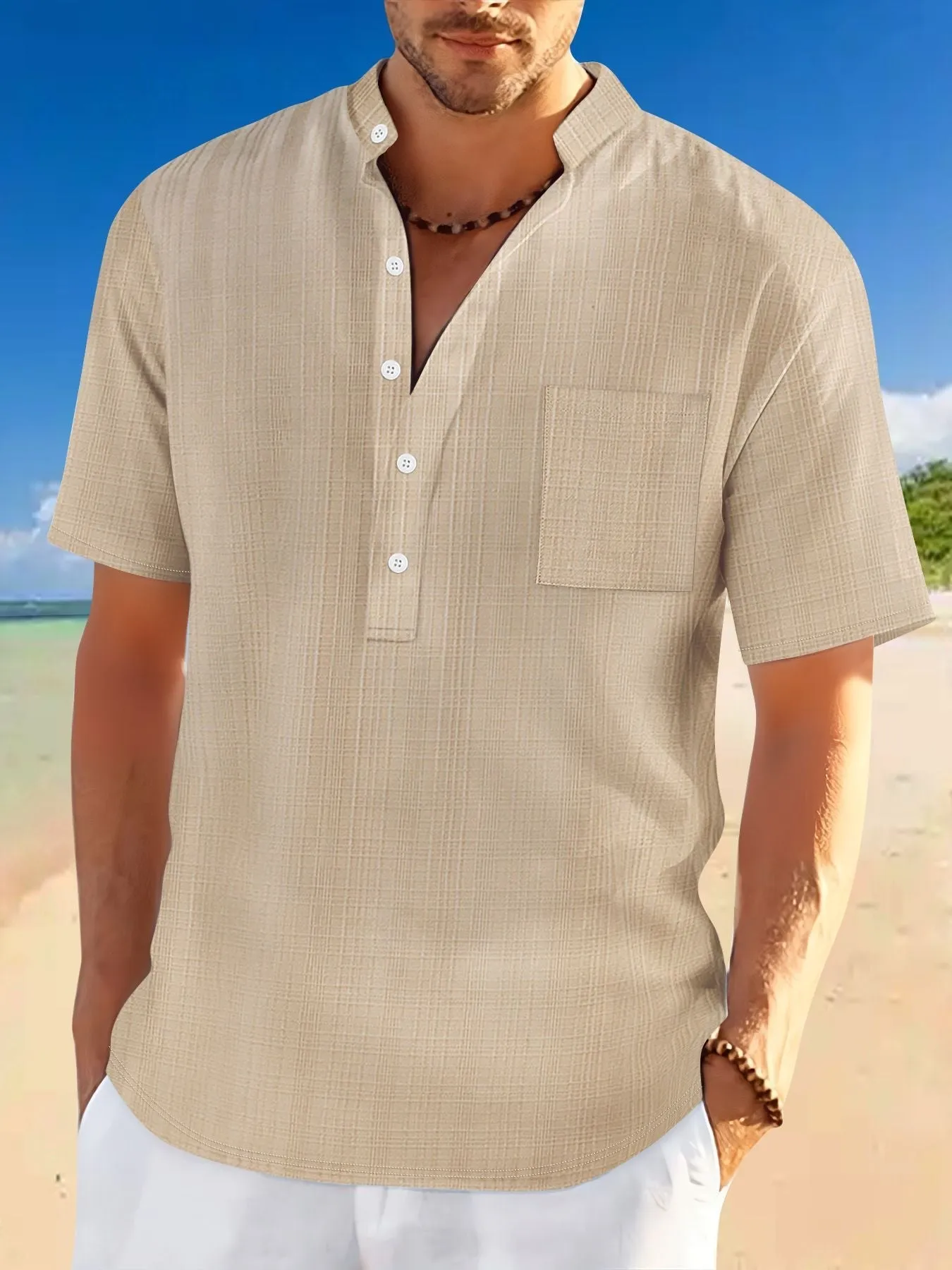 Stand Collar Short Sleeve Loose Leisure Vacation Henley Shirt