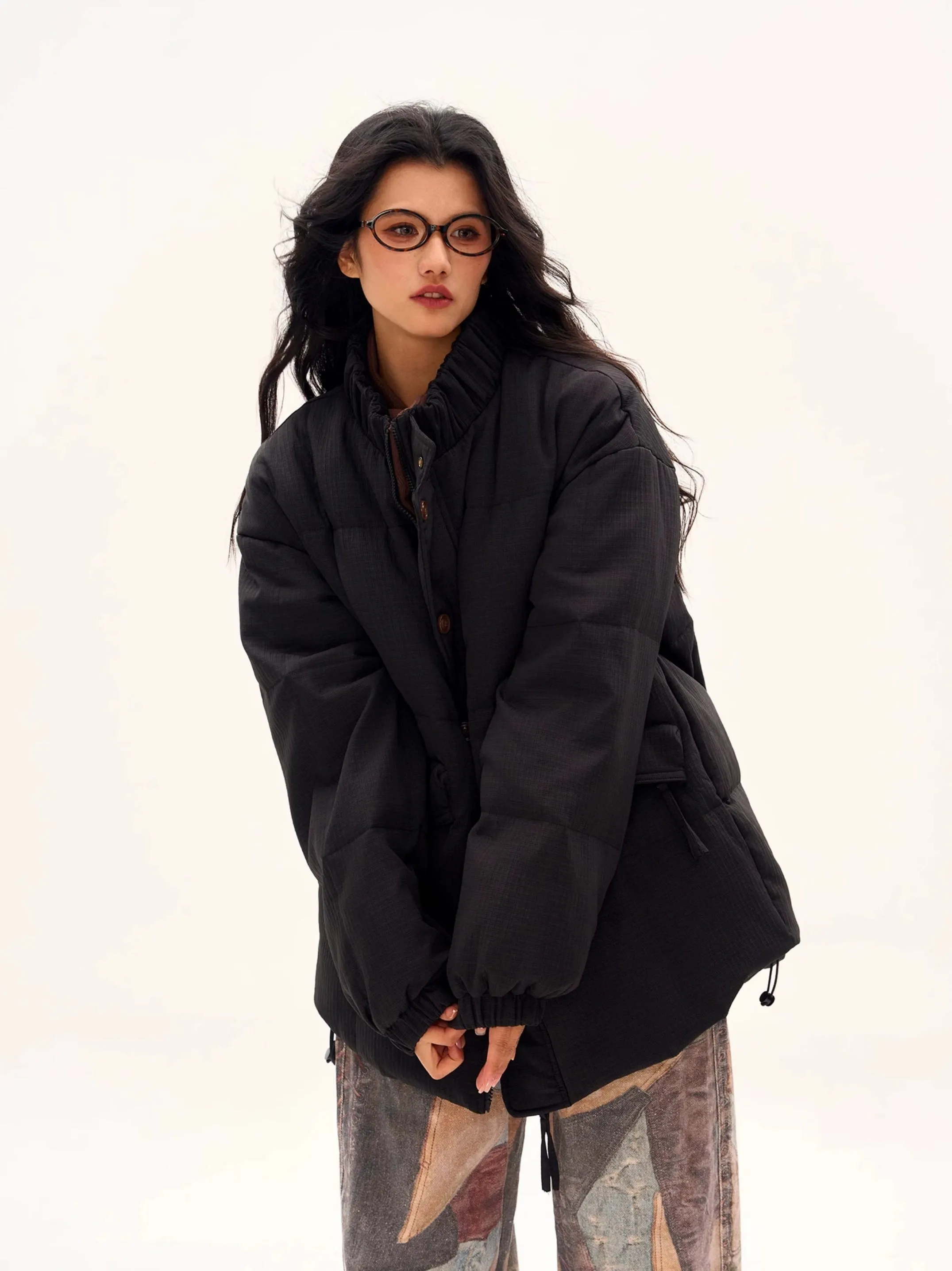 Textured Longline High Collar Oversized Puffer Jacket