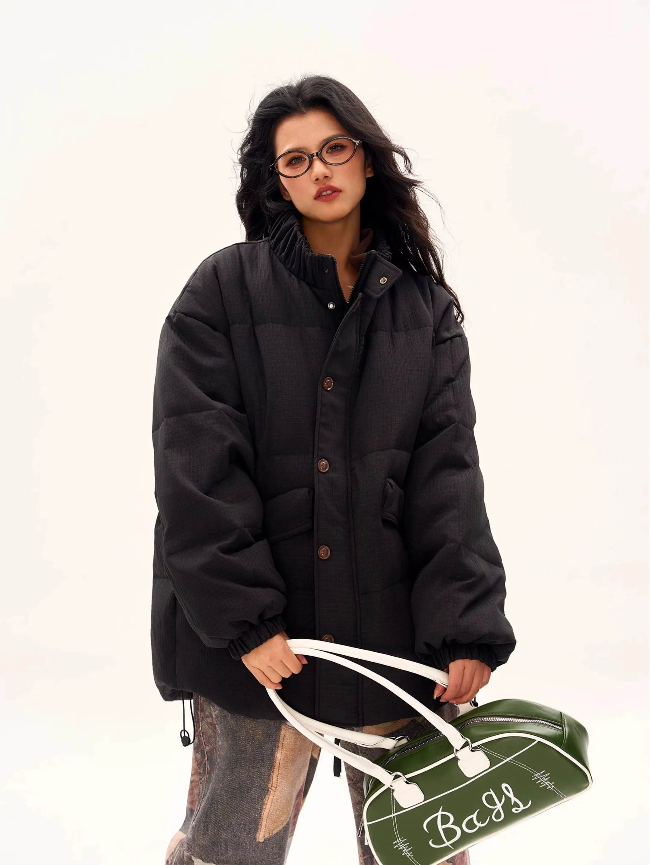 Textured Longline High Collar Oversized Puffer Jacket